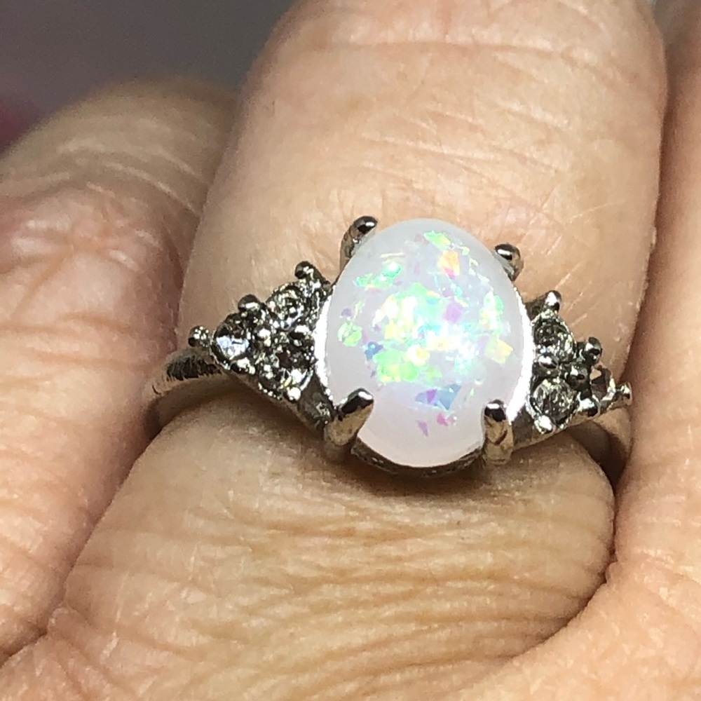 Silver Oval Lab Grown Opal Ring - image 6